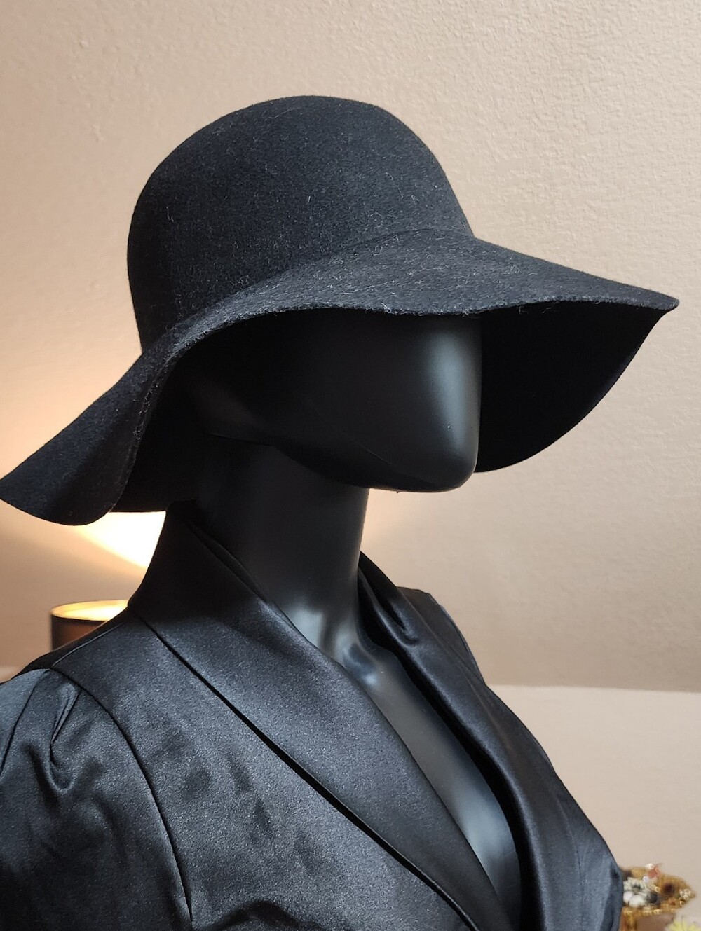 Vintage 80's Black Wool Felt Wide Brim Floppy Hat Classic Elegant